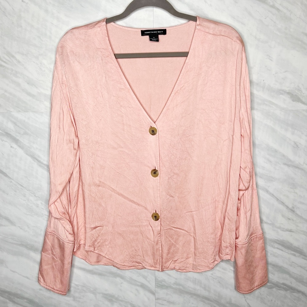 Something Navy Pink Button Up Medium - image 2